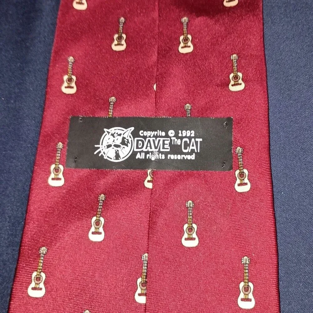 Vintage Dave The Cat Necktie Acoustic Guitar Tie Maroon Burgundy 100% Silk USA